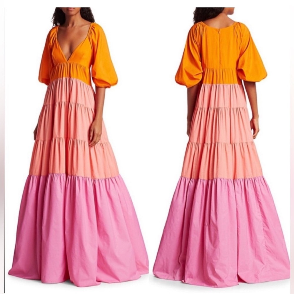 STAUD Meadow Color Blocked Maxi Dress pink and orange